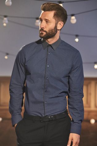Navy Printed Shirt With Contrast Collar